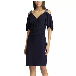 Lauren Ralph Lauren NWT Navy Beaded Cold Shoulder Ruched‎ Sheath Dress Size 8